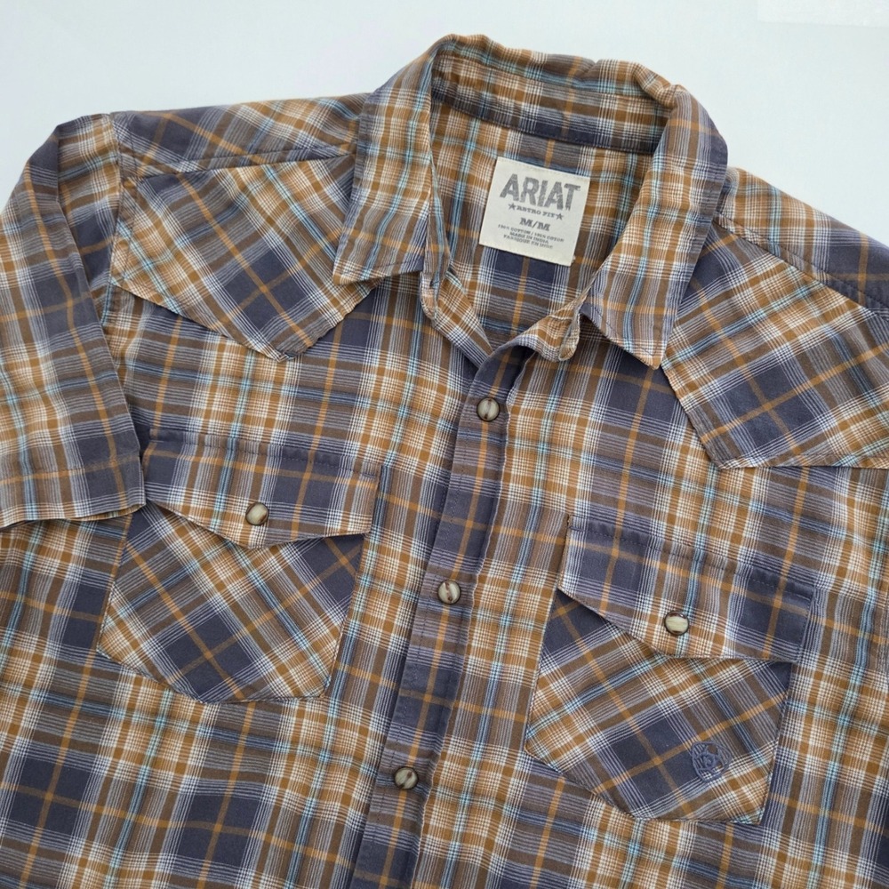 Ariat Western Shirt Brown Blue Plaid Retro Fit Snap Front Mens Medium